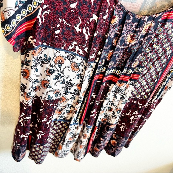 Boho Mixed Media Patchwork Top Petite Medium Flowy Short Sleeve Blouse - Picture 4 of 7